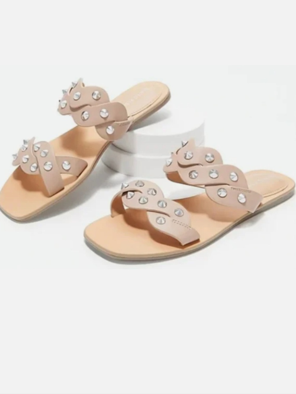 Marc Fisher Nude Studded Twist-Strap Slide Sandals